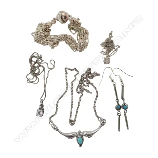 ARTS & CRAFTS STYLE SILVER NECKLACE & EARRING SET w turquoise + 2 gem pendant necklaces + multi strand bracelet