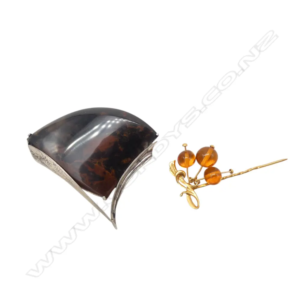 SIMON MISDALE GOLD GILDED HONEY AMBER PIN & SILVER/BOULDER OPAL BROOCH From Simon's estate Image 1++