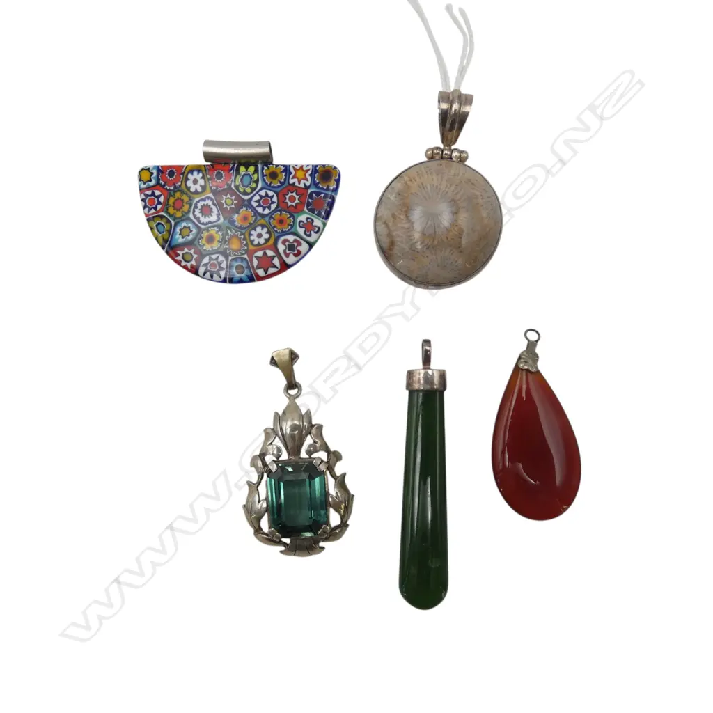 5 SILVER PENDANTS; MILLEFIORI W.45mm, GREENSTONE L.58mm, AGATE ETC Image 1++