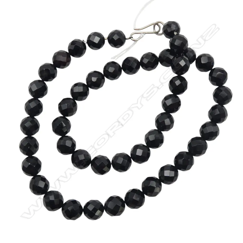 STRAND BLACK FACETED BEADS w SILVER HOOK CLASP, L.580mm Image 1++