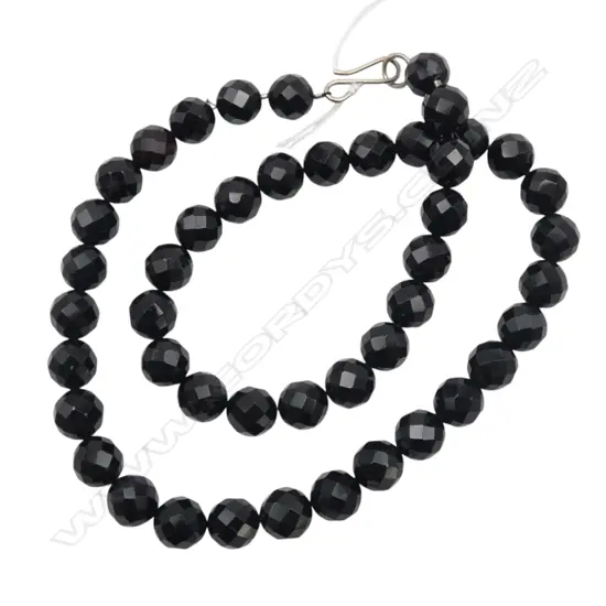 STRAND BLACK FACETED BEADS w SILVER HOOK CLASP, L.580mm