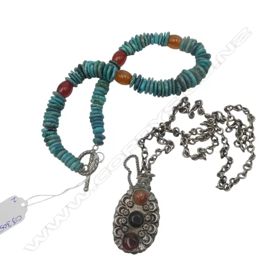 2 NECKLACES; TURQUOISE, ETHNIC AGATE PENDANT