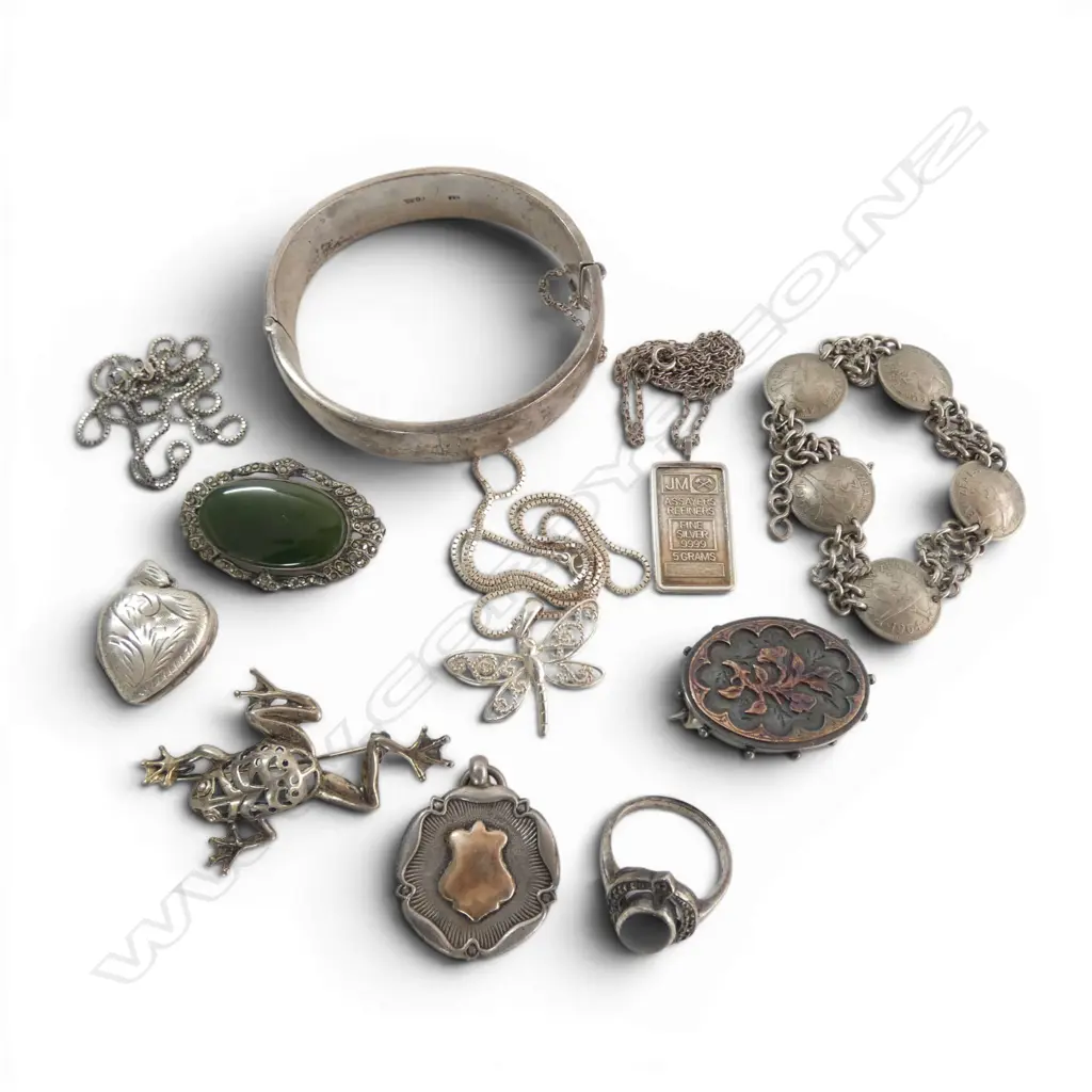 SILVER JEWELLERY: NZ 3d COIN BRACELET + POUNAMU BROOCH + frog brooch + hinged bangle + 5gm ingot on chain etc Image 1++