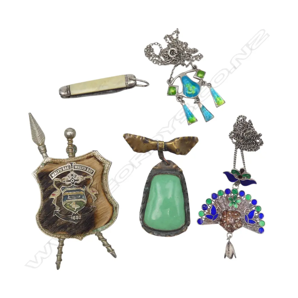 TWO SILVER & ENAMEL NECKLACES, COPPER/ENAMEL BROOCH no back bar, POCKET KNIFE &  NAMIBIAN BADGE Image 1++