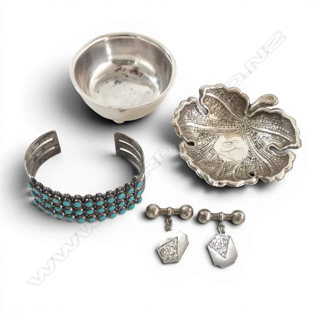 2 x 925 SILVER SMALL DISHES + BANGLE gem set + CUFFLINKS 90gms Image 1++