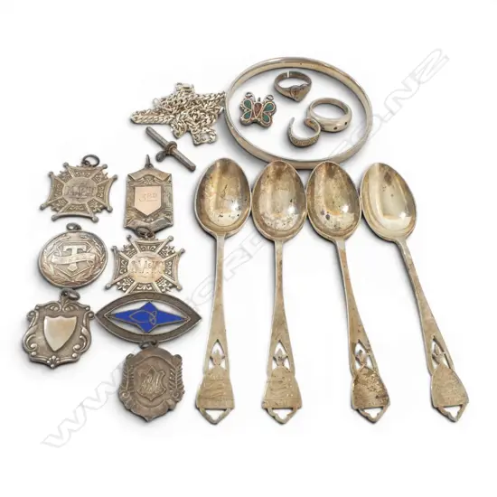 BAG OF SILVER TEASPOONS + MEDALLIONS + NECK CHAIN ETC 150gms