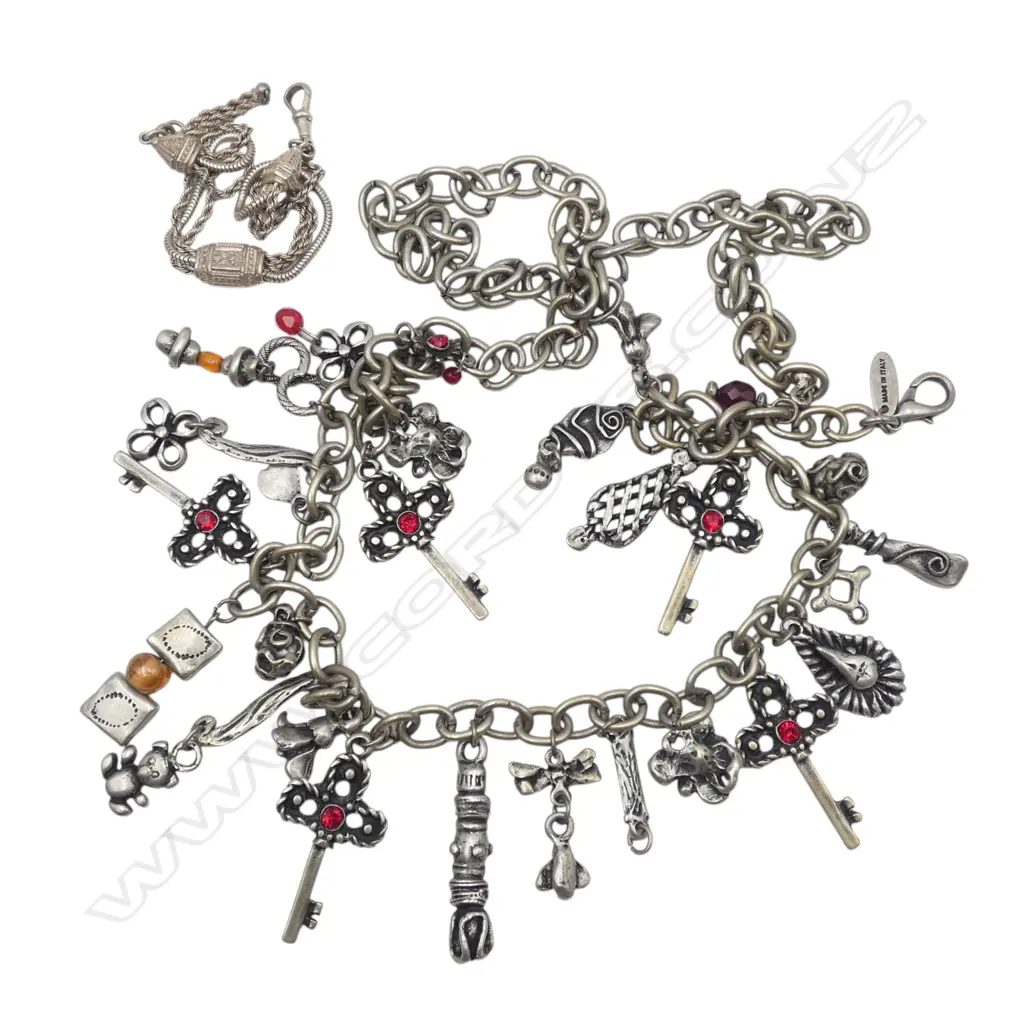 LONG ITALIAN COSTUME CHAIN w. ASST. CHARMS + SILVER BRACELET 13gms Image 1++