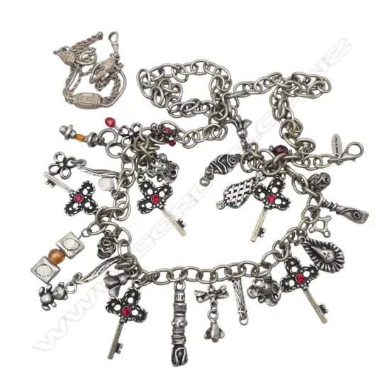 LONG ITALIAN COSTUME CHAIN w. ASST. CHARMS + SILVER BRACELET 13gms