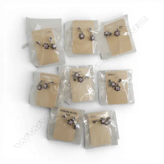 BAG of 8 flower head shape pairs of SILVER & gem set EARRINGS new old stock