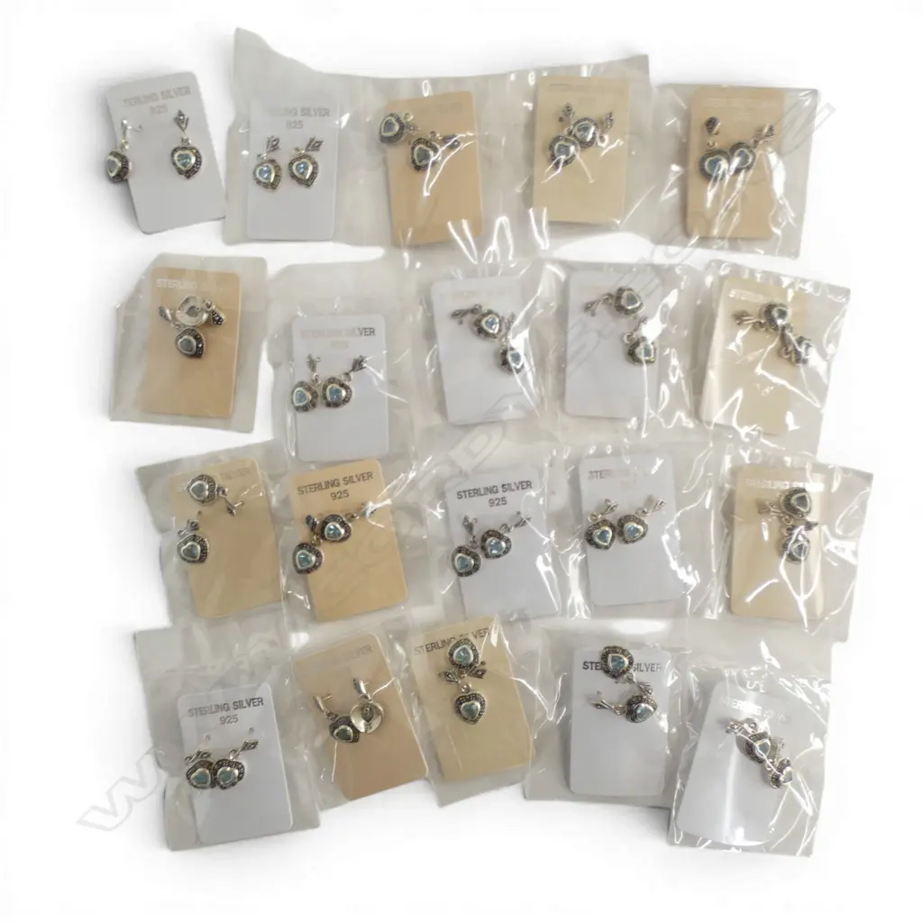 BAG of 20 heart shape pairs of SILVER & gem set EARRINGS new old stock Image 1++