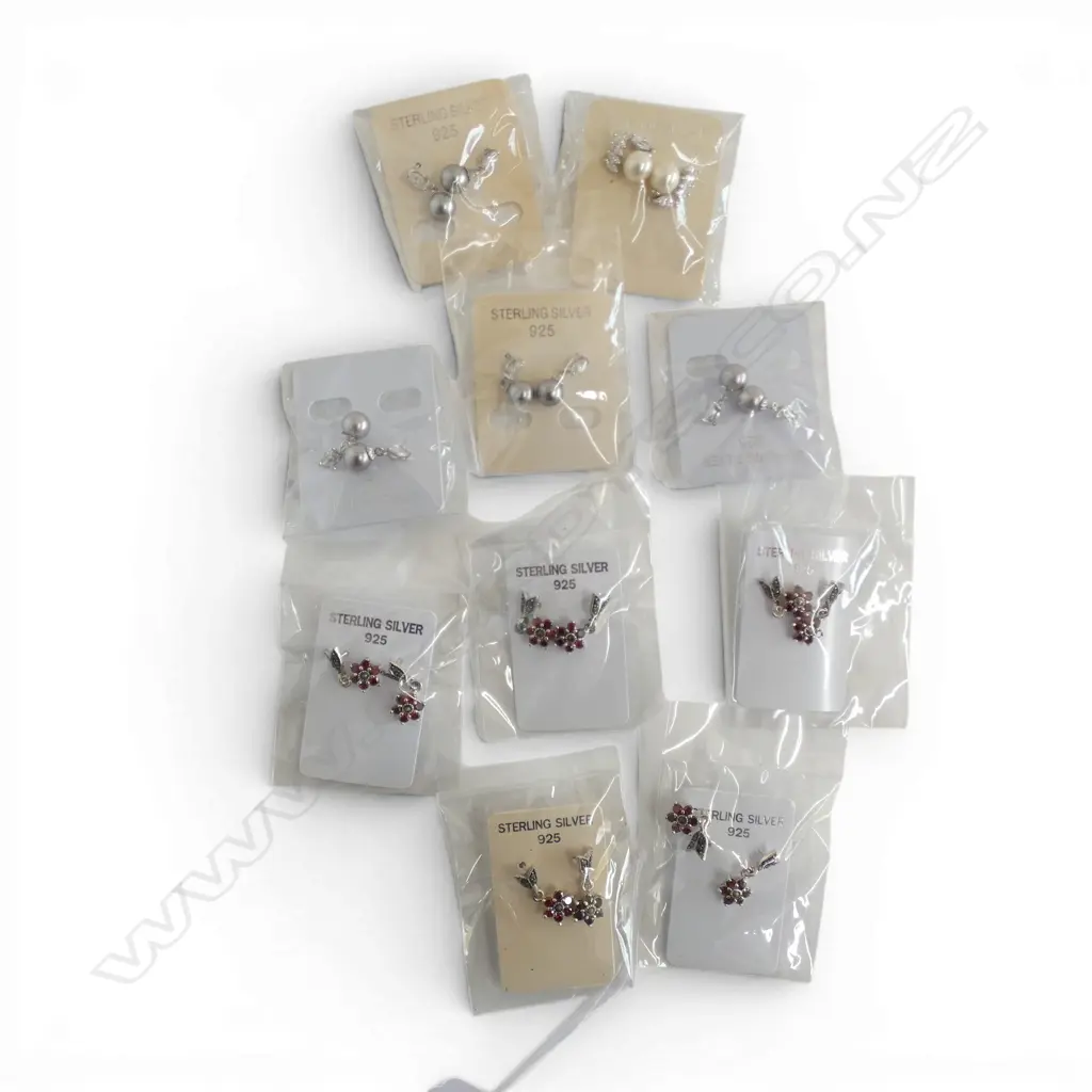 BAG of 10 pairs of SILVER & gem & pearl set EARRINGS new old stock 2 different types Image 1++