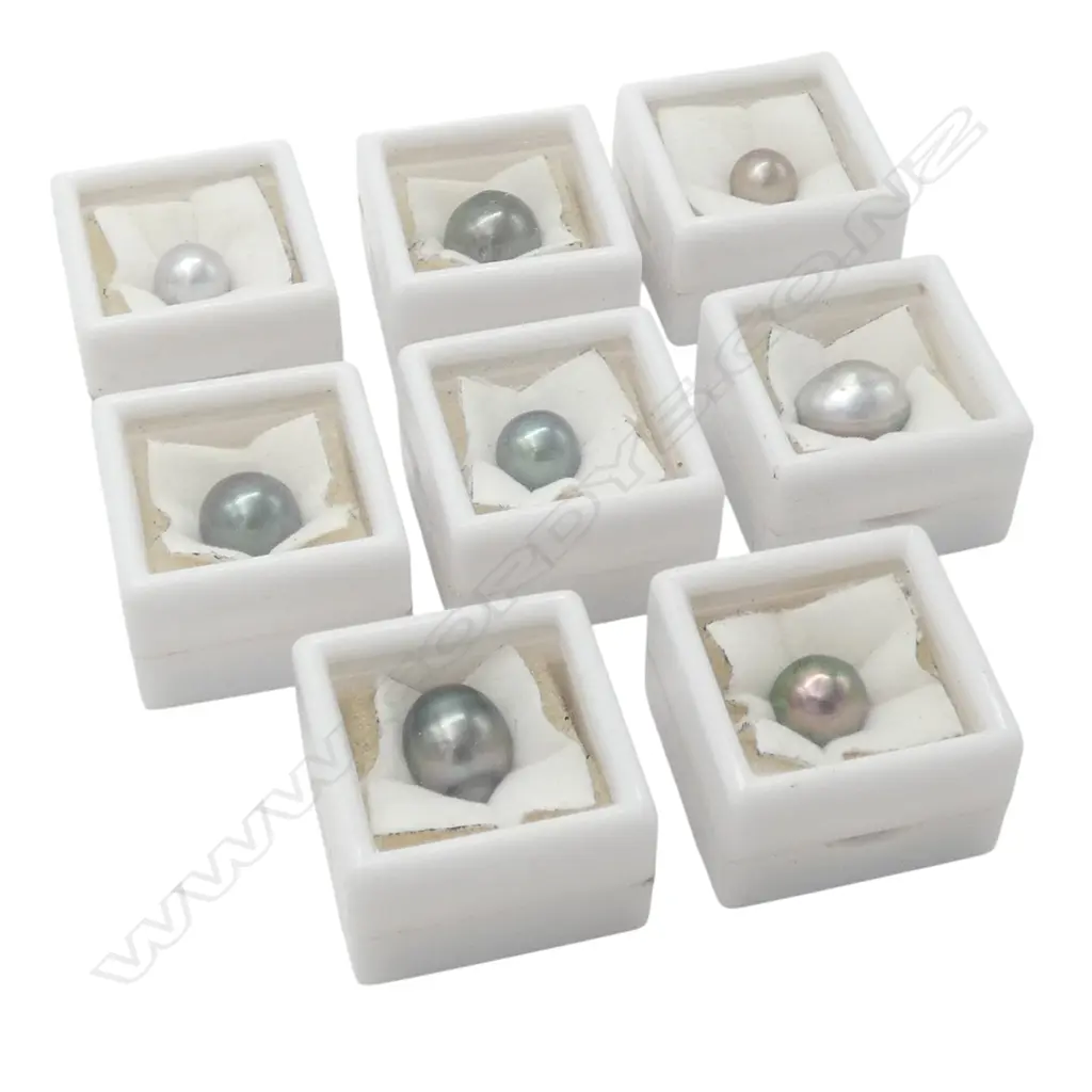 EIGHT SINGLE BOXED 'C' GRADE BLACK PEARLS From estate of jeweller Simon Misdale Image 1++