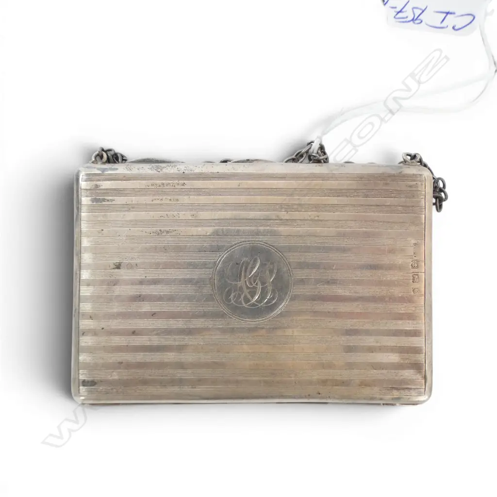 Birmingham 1913 SILVER machine engraved CARD CASE with chain. Lined interior. 80gms Image 1++