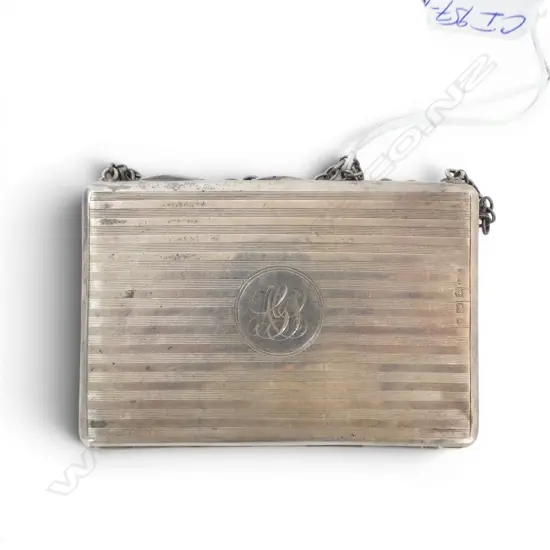 Birmingham 1913 SILVER machine engraved CARD CASE with chain. Lined interior. 80gms
