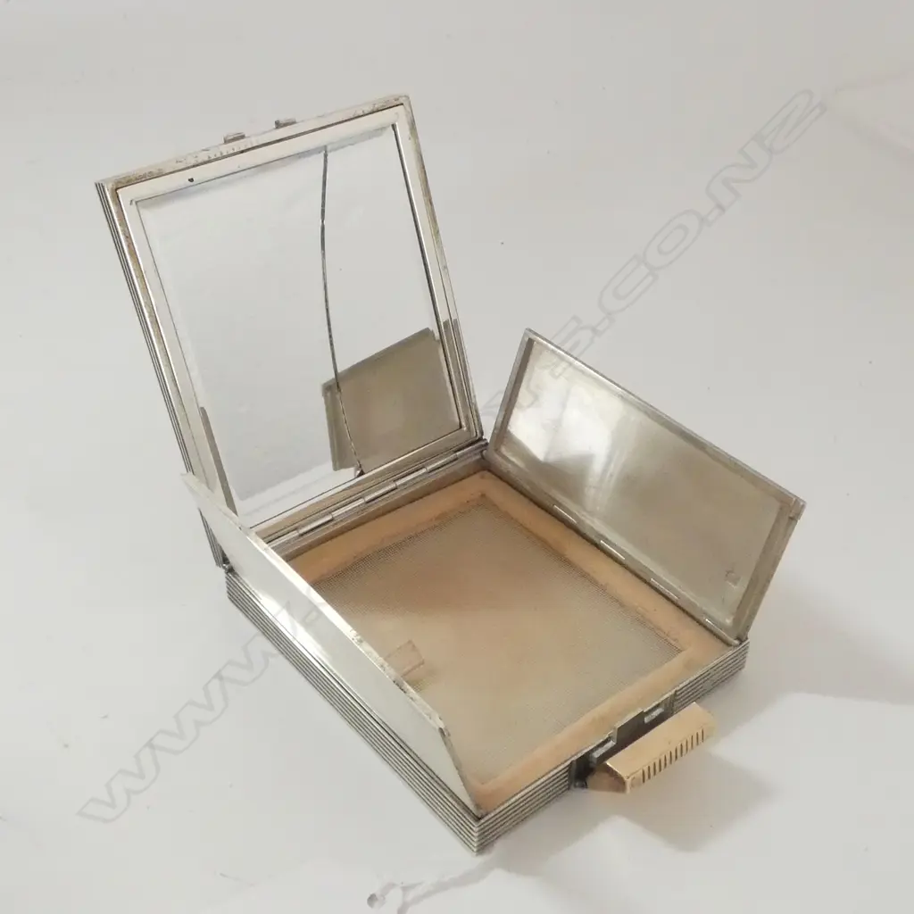 FRENCH DECO 933 SILVER, GILT & GARNET COMPACT 85x67mm GLASS BROKEN Image 1++