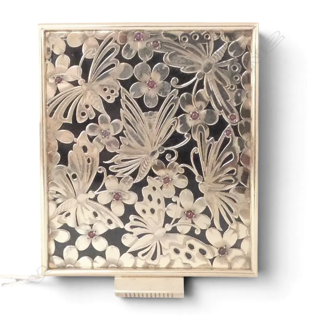 FRENCH DECO 933 SILVER, GILT & GARNET COMPACT 85x67mm GLASS BROKEN Image 1++