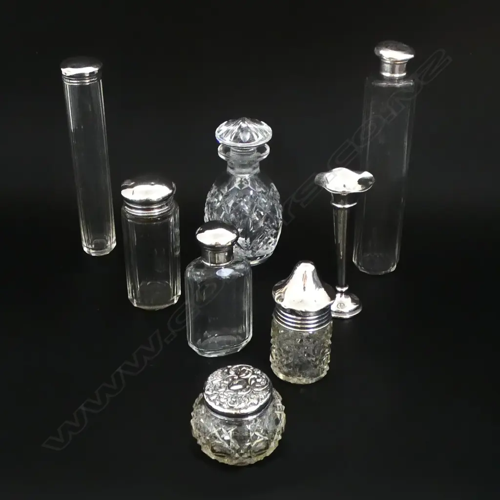 6 STG SILVER LIDDED CONTAINERS + POSEY VASE H.105mm & CRYSTAL BOTTLE Image 1++