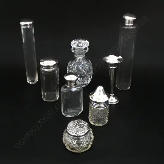 6 STG SILVER LIDDED CONTAINERS + POSEY VASE H.105mm & CRYSTAL BOTTLE