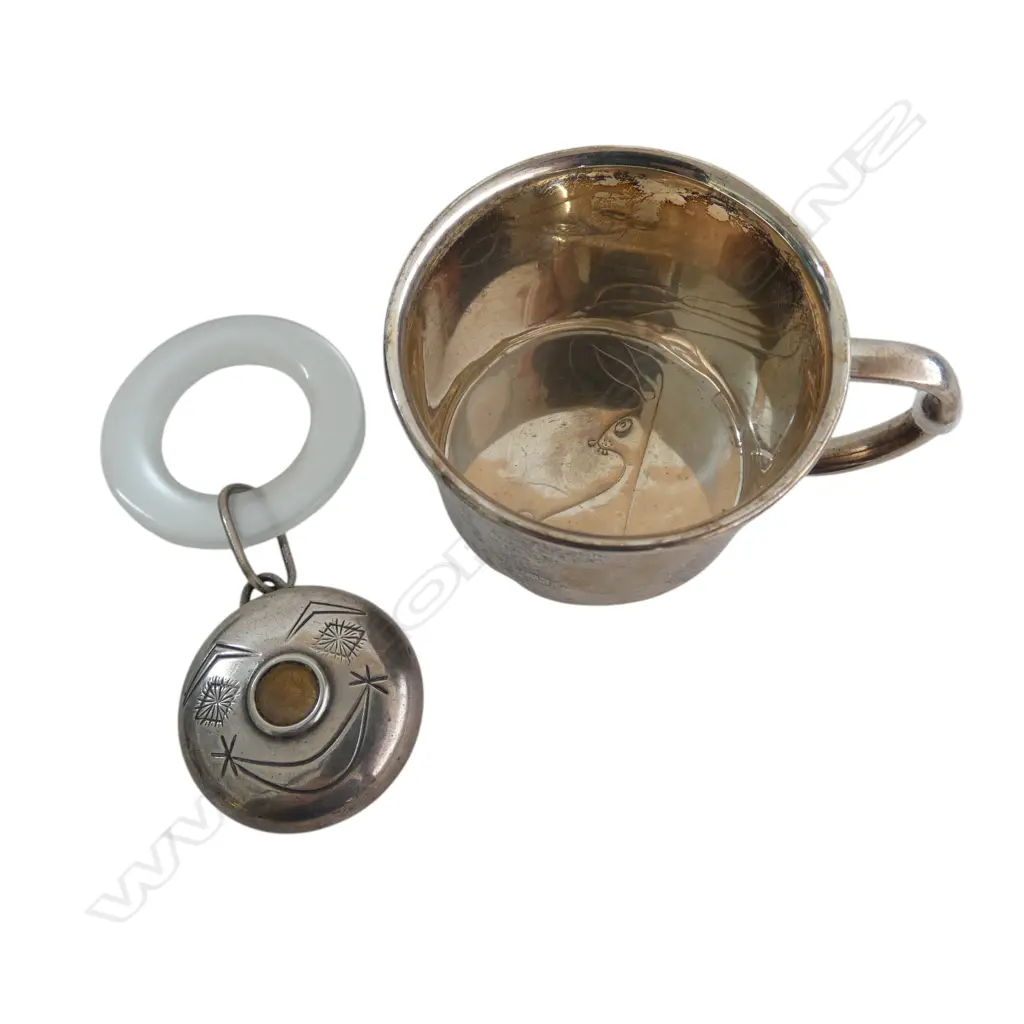 925 SILVER BABIES CUP 33gms + 'TOWLE STERLING 85' RATTLE ON LUCITE TEETHING RING Image 1++