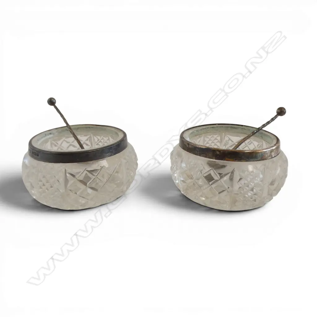 BIRMINGHAM 1910 SILVER & CUT CRYSTAL PR OF SALTS with spoons in original box Image 1++