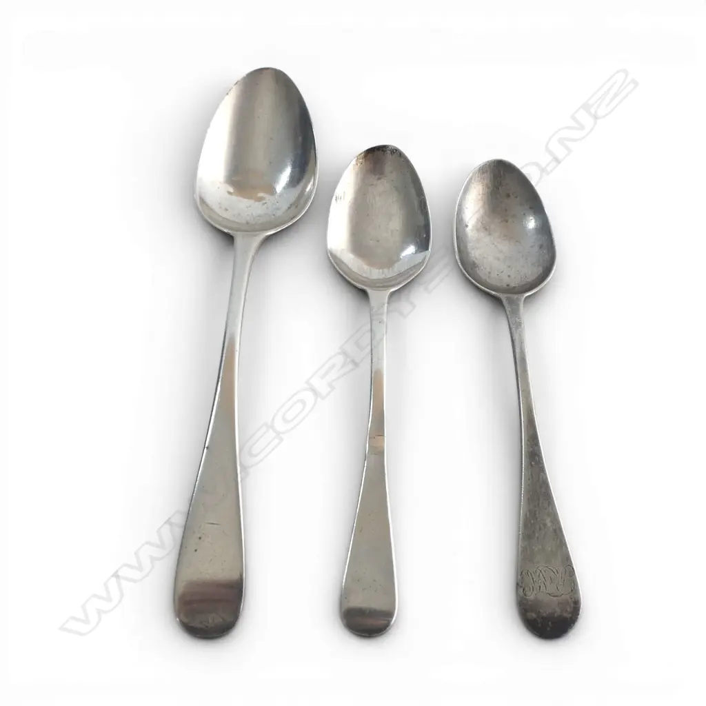 3 STG SILVER SPOONS, GEORGIAN + 2 VICTORIAN, LONDON 1793, 1837, 1851 68gms Image 1++