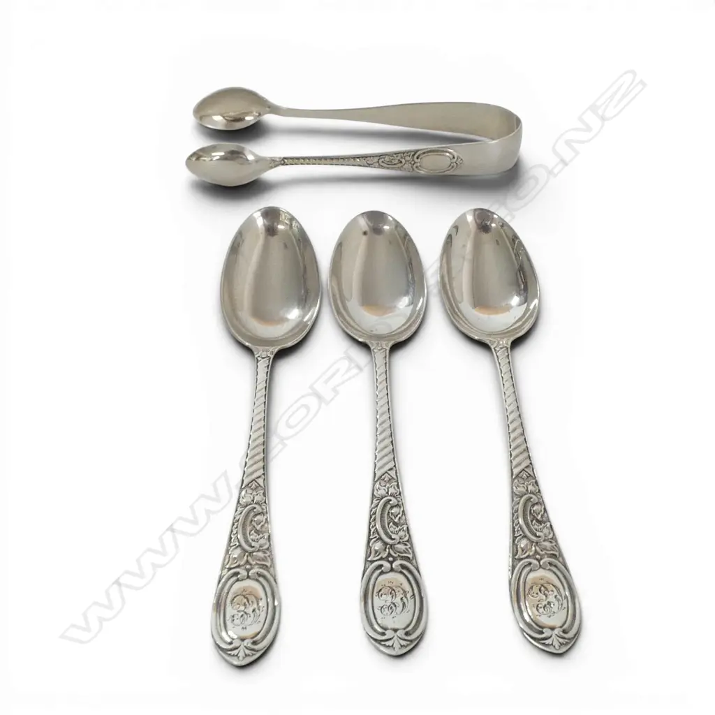 4 PCES STG SILVER; 3 TEASPOONS + TONGS, 58gms Image 1++