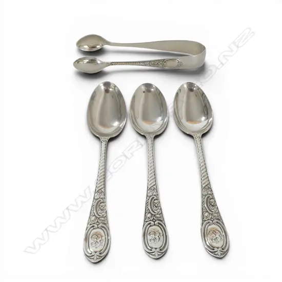 4 PCES STG SILVER; 3 TEASPOONS + TONGS, 58gms