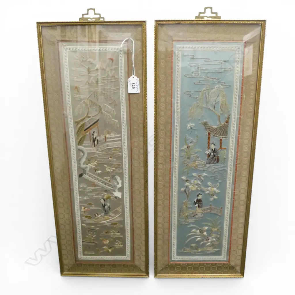 PR VINTAGE CHINESE EMBROIERED SILK MANDERINES CUFFS 520 x 140mm gilt framed under glass. Image 1++