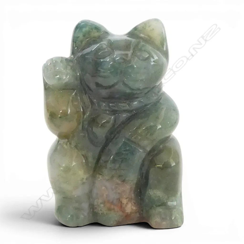 CARVED JADE ? LUCKY CAT H.50mm green with white & red inclusions Image 1++