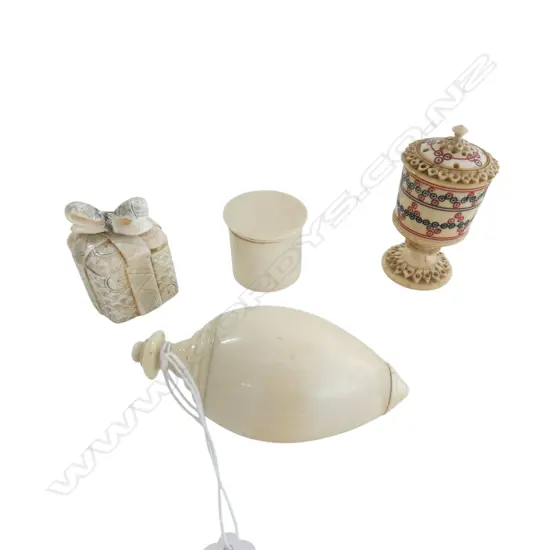 4 VINTAGE IVORY CONTAINERS; JAPANESE PRESENT, SPOOL BOX, EGG SHAPED L.90mm, OTHER