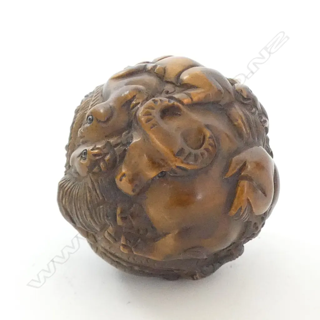FINELY CARVED WOOD ROUND NETSUKE of multiple Zodiac animals etc Image 1++
