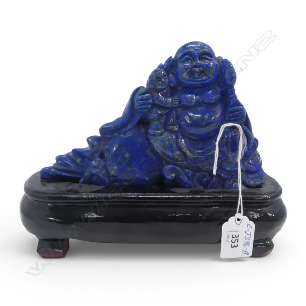 Chinese carved lapis lazuli Pu Tai Buddha on lotus throne beside a treasure sack with young child. L.180mm. Image 1++
