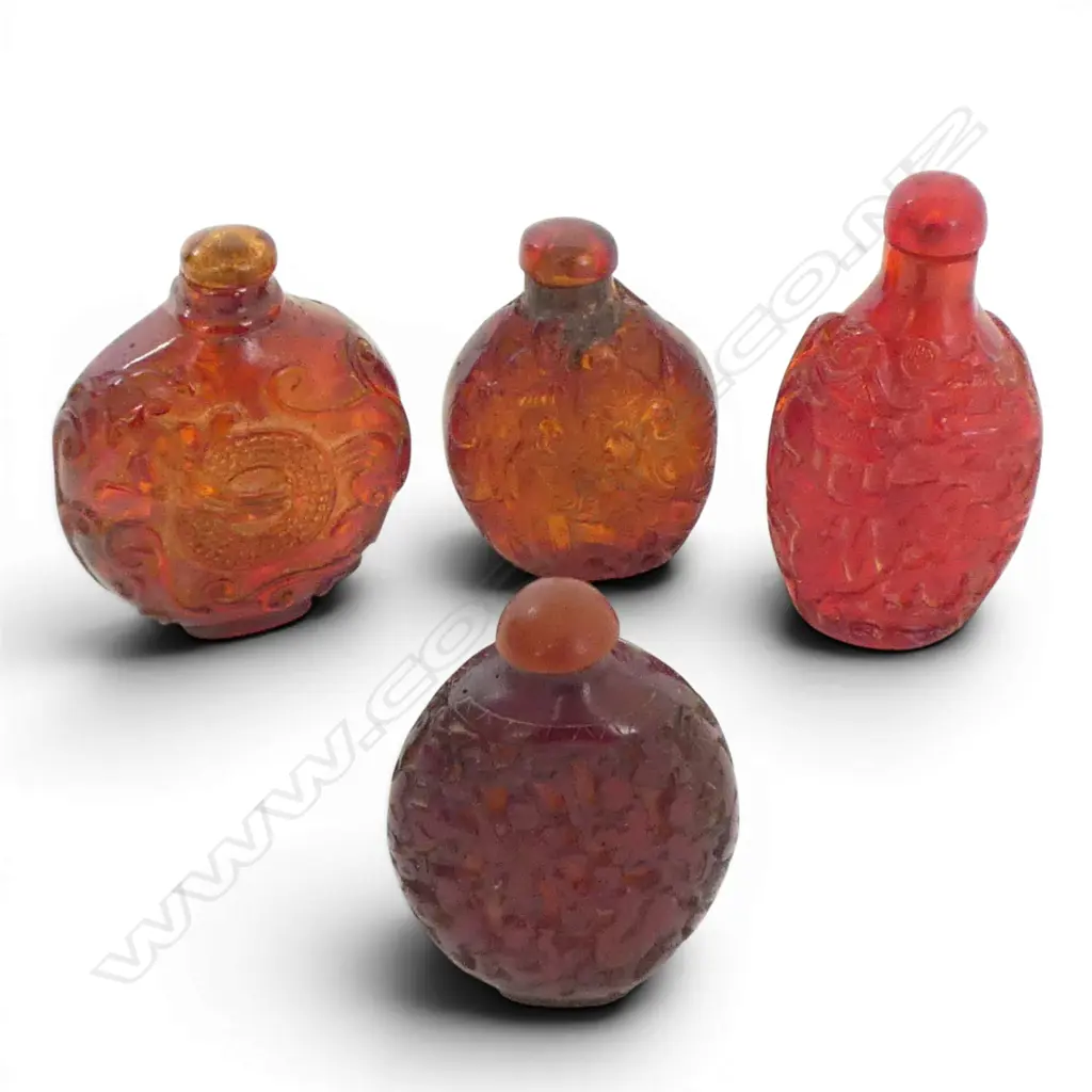 FOUR CARVED AMBER SNUFF BOTTLES 90mm (H) largest Image 1++