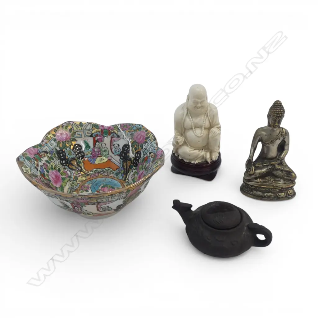 4 PCES OF ORIENTAL; METAL BUDDHA, RESIN HOTEI, TEAPOT & BOWL Image 1++