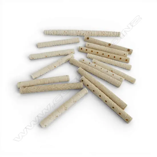 16 CARVED IVORY CYLINDERS w. VARIOUS HOLES L.150mm