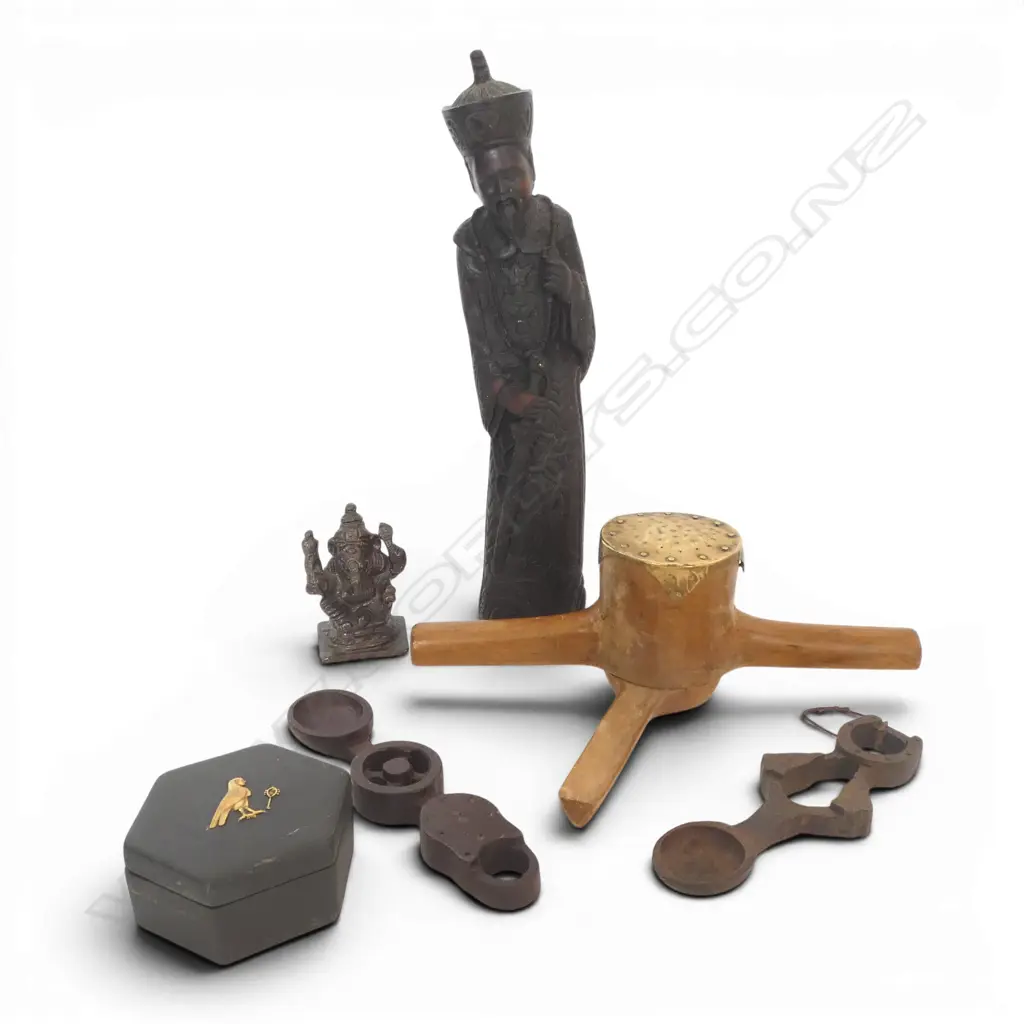 WELSH WOODEN LOVE SPOONS, BRASS TOPPED WOODEN PRESS, TRINKET BOX, RESIN CHINESE FIG & CAST GANESH FIG Image 1++