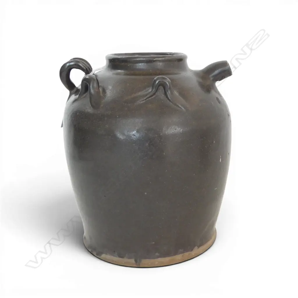 ANTIQUE CHINESE BROWN GLAZED POTTERY TEA URN 1 LUG CHIPPED H220MM Image 1++