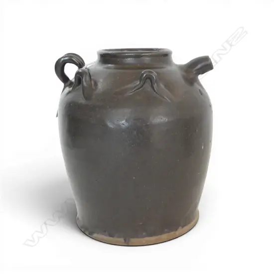 ANTIQUE CHINESE BROWN GLAZED POTTERY TEA URN 1 LUG CHIPPED H220MM