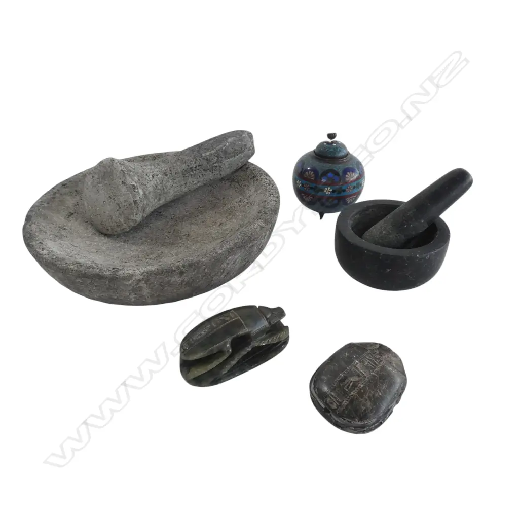 2 MORTAR & PESTLES 230mm dia, 2 CARVED STONE EGYPTIAN BUGS, CLOISONNE LIDDED CONTAINER Image 1++