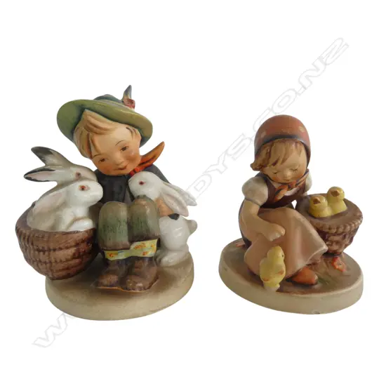 2 HUMMEL FIGURINES; BOY w. RABBITS H.100mm, GIRL w. CHICKS