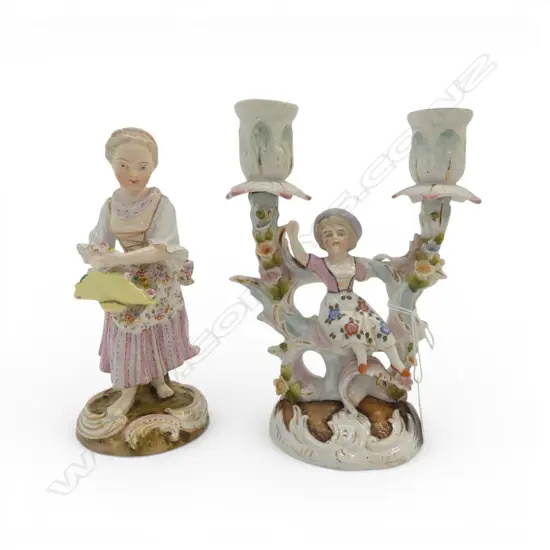 MEISSEN FIGURINE + TWO BRANCH CANDELABRA with figure H.185mm
