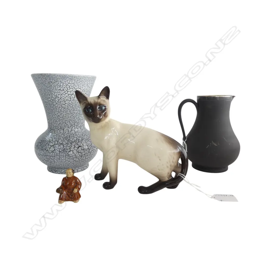 SILVER RIMMED WEDGWOOD BLACK BASALT JUG, hallmarked, 150mm, BESWICK SIAMESE CAT & 2 OTHERS Image 1++