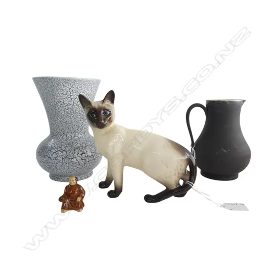 SILVER RIMMED WEDGWOOD BLACK BASALT JUG, hallmarked, 150mm, BESWICK SIAMESE CAT & 2 OTHERS