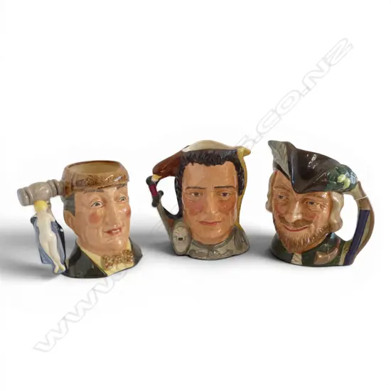 3 ROYAL DOULTON CHARACTER JUGS; THE AUCTIONEER, ANTONY & CLEOPATRA & ROBIN HOOD H.180mm