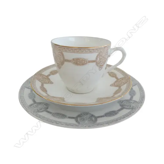 Royal Doulton Maori Art cup & saucer in gold + plate in grey