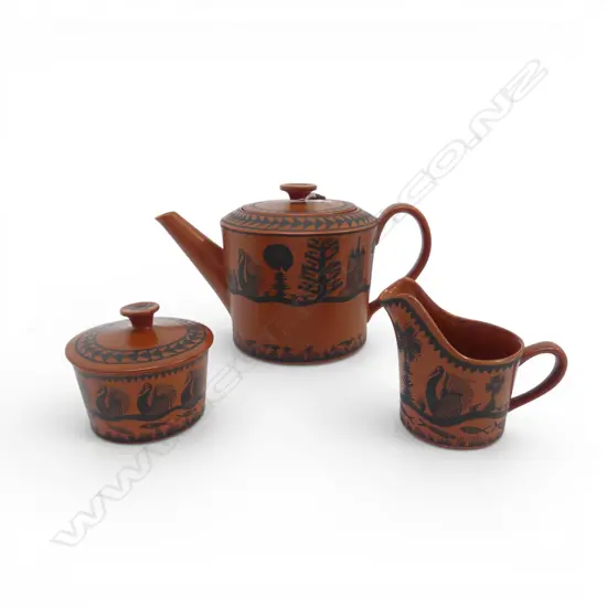 ROYAL WORCESTER CROWN WARE BY SCOTTIE WILSON TEAPOT H.135mm, JUG & LIDDED SUGAR