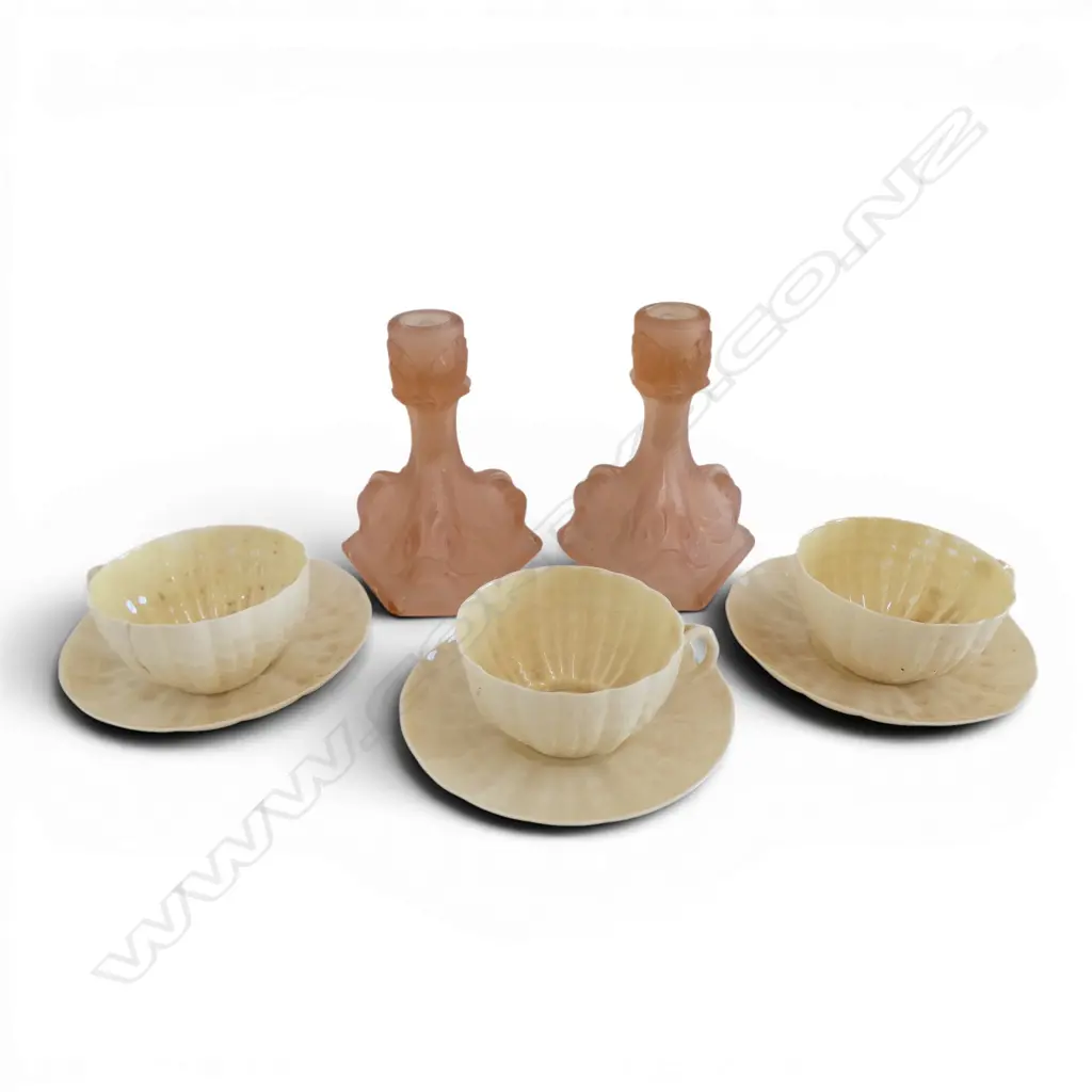 3 BELLEEK CUPS & SAUCERS one repaired + PR PINK GLASS DOLPHIN CANDELSTICKS chipped H.140mm Image 1++