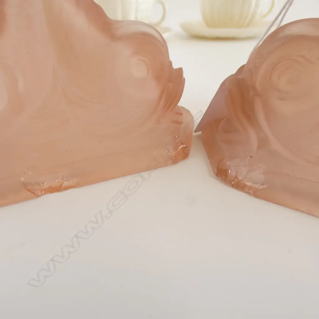 3 BELLEEK CUPS & SAUCERS one repaired + PR PINK GLASS DOLPHIN CANDELSTICKS chipped H.140mm Image 1++