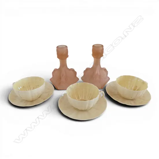 3 BELLEEK CUPS & SAUCERS one repaired + PR PINK GLASS DOLPHIN CANDELSTICKS chipped H.140mm