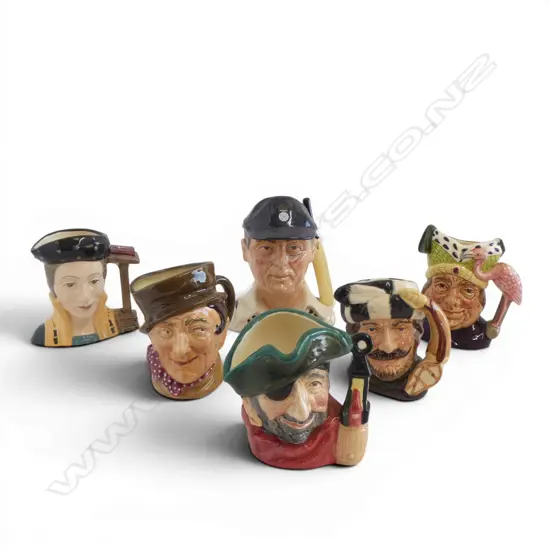 6 ROYAL DOULTON CHARACTER JUGS; THE TRAPPER, HAMPSHIRE CRICKETER, SMUGGLER, CATHERINE PARR etc H.130mm
